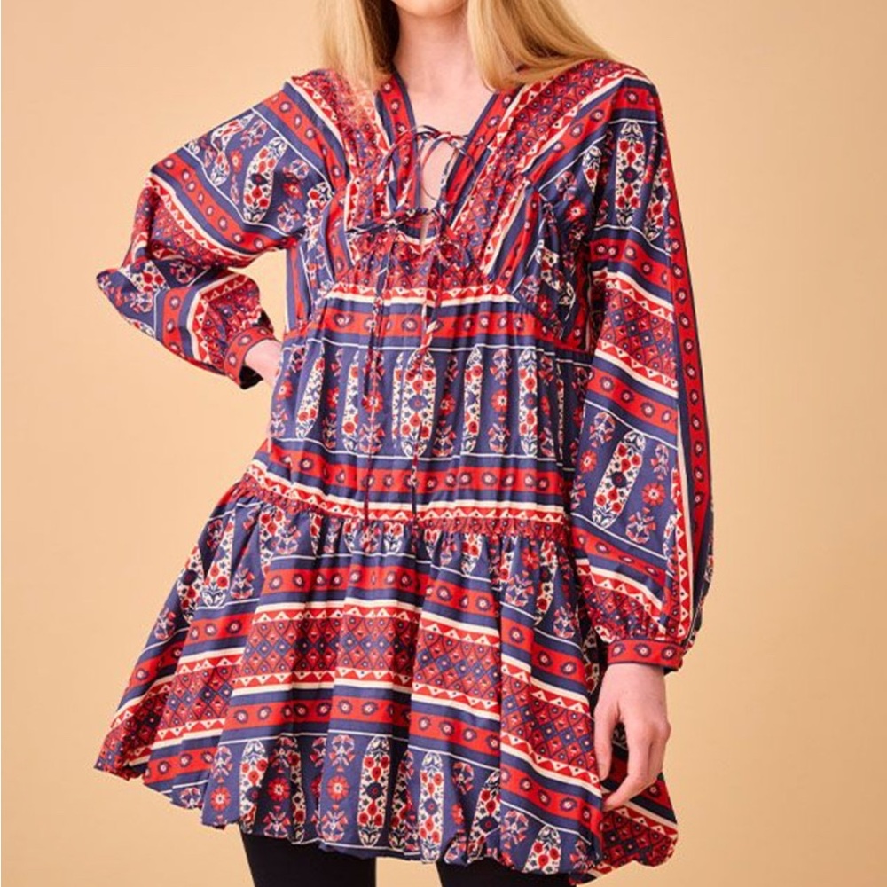 HUNTER BELL Red and Blue Tie Front Tunic
